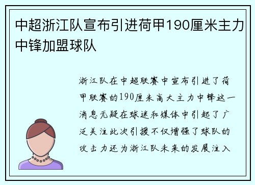 中超浙江队宣布引进荷甲190厘米主力中锋加盟球队